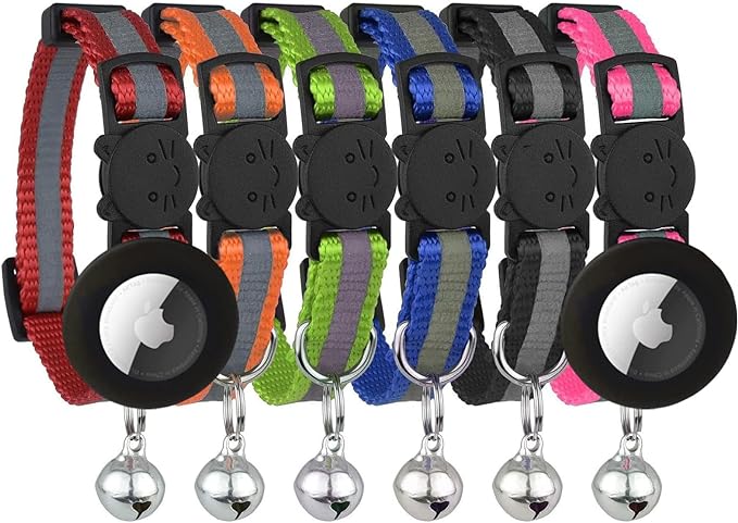 Reflective Cat Collar with AirTag Holders, Set of 8, with Bells, Solid & Safe Collars for Cats, Nylon, Mixed Colors, Pet Collar, Air Tag Holder, Breakaway Cat Collar Charms, Free Replacement