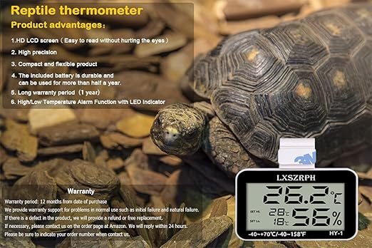 Reptile Thermometer Hygrometer with High Low Temperature Alarm Digital Temperature Humidity Meter Gauge with Hook for Reptile Tanks, Terrariums, Vivariums, Black 1Pack (1Pack)