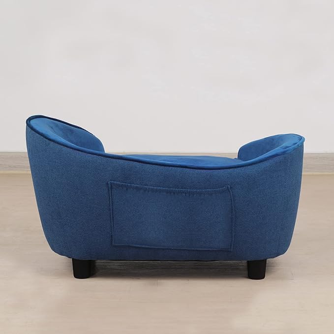 Pet Sofa Bed, Velvet & Linen Fabric Pet Couch Chair with Removeable & Washable Cushion for Small Dogs Cats (Blue)