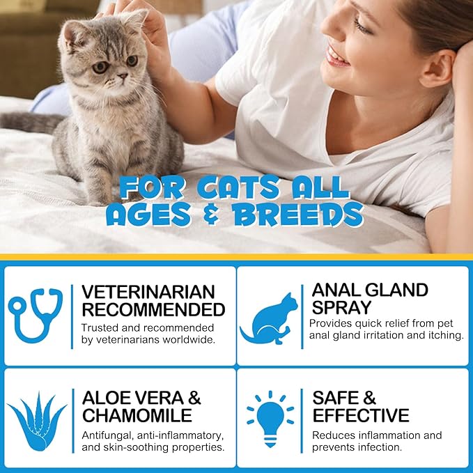 Anal Gland Spray for Cats, Cat Anal Gland Spray with Aloe Vera & Chamomile Eliminates Tough Odors, Supports Pain Relief & Soothes Itching - Pet Supplies Anal Gland Support Spray for Cats - 4.4 Fl Oz