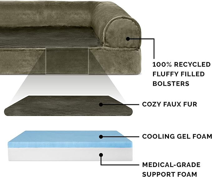 Furhaven Cooling Gel Dog Bed for Large Dogs w/ Removable Bolsters & Washable Cover, For Dogs Up to 95 lbs - Faux Fur & Velvet Sofa - Dark Sage, Jumbo/XL