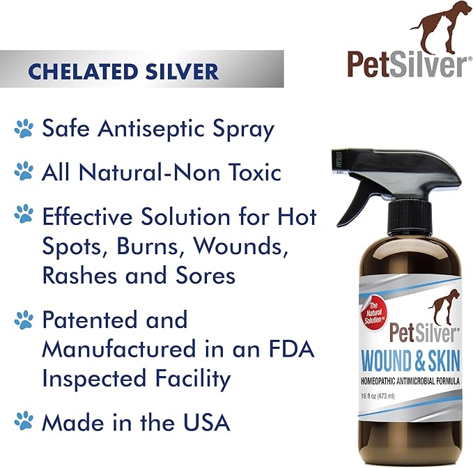 PetSilver Wound & Skin Spray with Patented Chelated Silver, Allergy Relief for Dogs Itching, Hot Spot Treatment for Dogs, Cat and Dog Wound Care, Natural Skin Soother for Dogs, USA, 16 fl. oz.