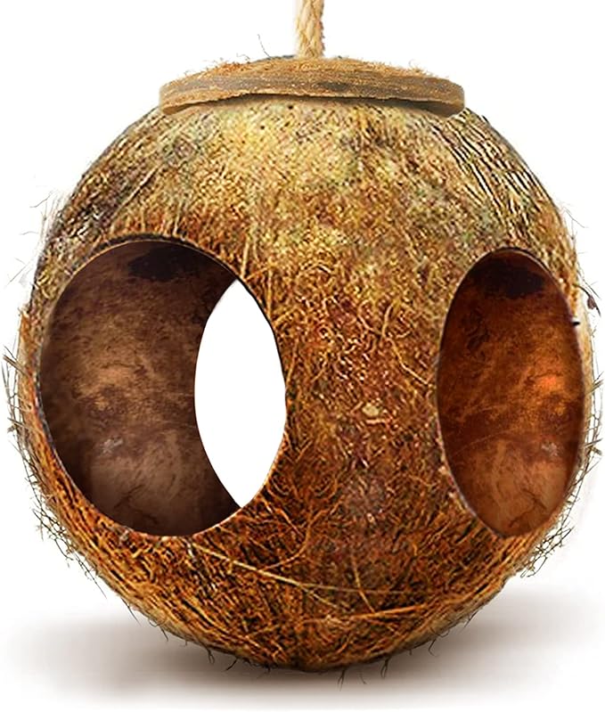 SunGrow Leopard Gecko Coco Hut, Gecko Climbing Accessories, Raw Coconut Shell Reptile Hide, Terrarium Habitat Décor, 2.5” Opening Diameter, with Fiber Loop for Hanging (3-Holes)