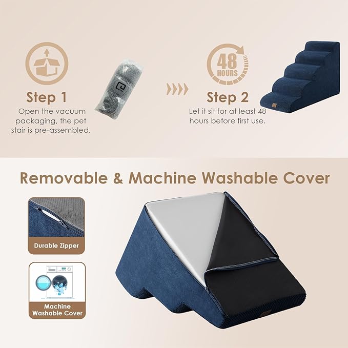 EHEYCIGA Curved Dog Stairs for High Beds 22.6" H, 5-Step Dog Steps for Small Dogs and Cats, Pet Stairs for High Bed Climbing, Non-Slip Balanced Pet Step Indoor, Navy