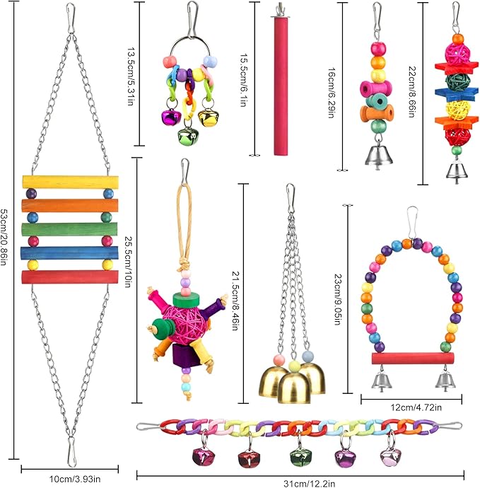 Bird Toys for Conures with Colorful Ladder hammock Bird Cage Accerious Bird Perch Stand Chewing Toys Hanging Bell Parrot Parakeet Cockatiel Lovebirds