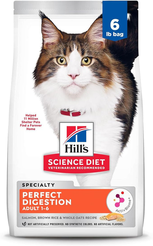 Hill's Science Diet Perfect Digestion, Adult 1-6, Digestive Support, Dry Cat Food, Salmon, Brown Rice, & Whole Oats, 6 lb Bag