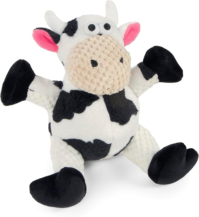 goDog Checkers Sitting Cow Squeaky Plush Dog Toy, Chew Guard Technology - White, Small