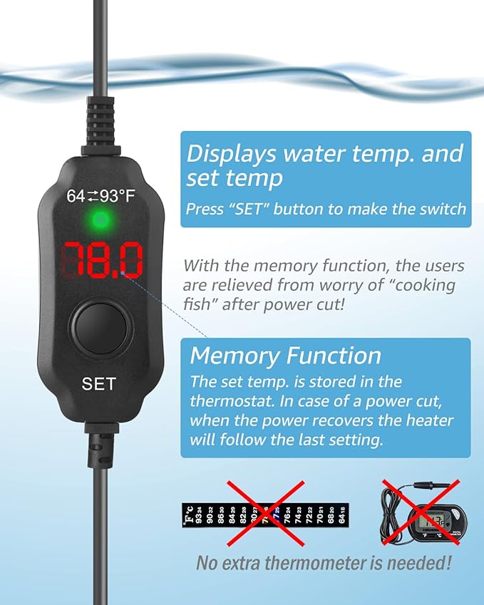 Kulife Fumak 300W Adjustable Aquarium Heater Super Short Submersible Fish Tank Heater Fish Heater with LED Digital Display Thermostat, for Tanks 40-60 Gallons