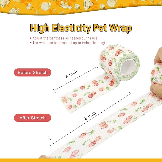 Vet Wrap Cute Fruit Self Adhesive Bandage Wrap, 6 Pack Adhesive Non Woven Bandage Wrap, Breathable Self Stick Bandages Wrap, 2 Inch Paw Bandages for Dog Cat Horse Pet Animals Wounds