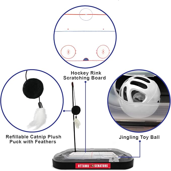 Pets First Cat Scratching Toy NHL Ottawa Senators Hockey Field Cat Scratcher Tiy with Interactive Cat Ball Bell in Tracks. 5-in-1 CAT Toy