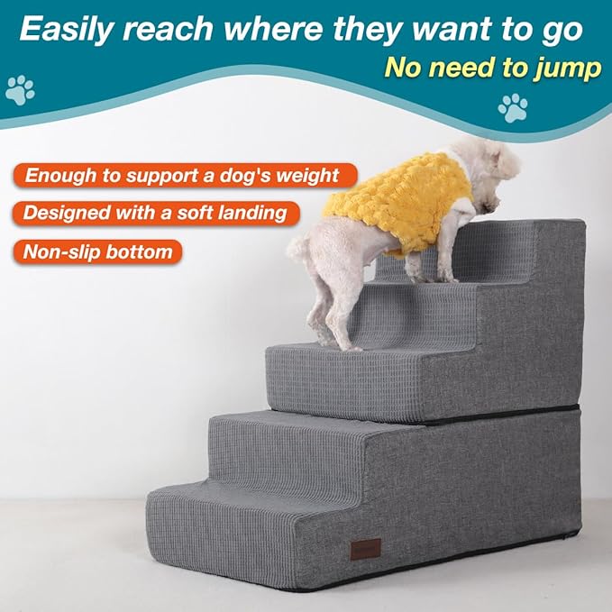 Dog Stairs for High Bed,5 Steps Pet Stairs for Small Dogs and Cats，Anti-Slip Removable Dog Steps for Bed,Bed Stairs for Dog,Grey