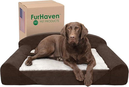 Furhaven Orthopedic Dog Bed for Large/Medium Dogs w/ Removable Washable Cover & Reversible Foam Cushion, For Dogs Up to 75 lbs - Luxury Edition Faux Fur & Suede Sofa - French Roast, Large