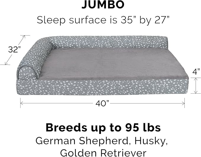 Furhaven Cooling Gel Dog Bed for Large Dogs w/ Removable Bolsters & Washable Cover, For Dogs Up to 95 lbs - Plush & Almond Print L Shaped Chaise - Gray Almonds, Jumbo/XL