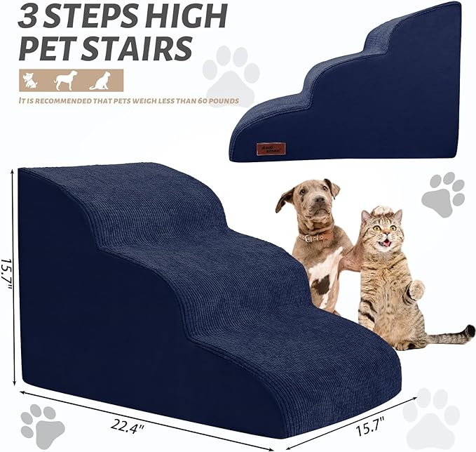 Dog Stairs and Steps for Beds Or Couches, 3-Step Pet Stairs & Steps for Small Dogs and Cats, Soft and Non-Slip Dog Ramp for Older Dogs,Pet with Joint Pain,Easy to Walk