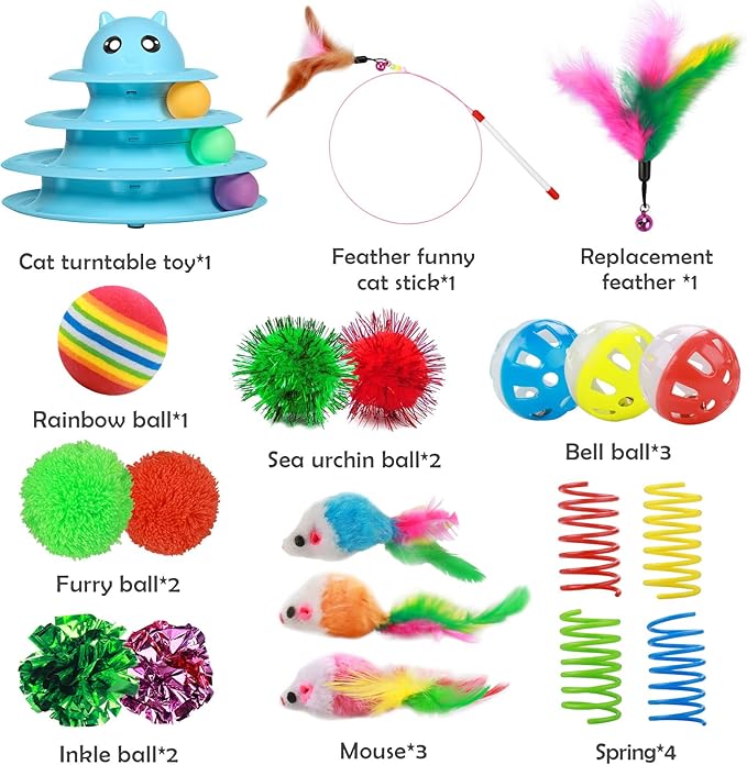 UPSKY 20 PCS Cat Toys, Cat Roller Toy 3-Level Turntable Cat Toys Balls for Indoor Cats, Kitten Toys Set with Cat Teaser Toys, Mice Toys, Spring toys, and Various Ball Toys.