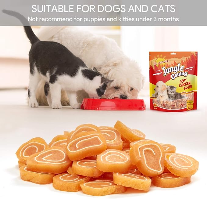 Jungle Calling Dog Treats, Soft Chicken Treats for Dogs & Cats, High Protein Grain Free Chewy Chicken & Codfish Dog Treats for Small Dogs, Chewy Puppy Training Treats, Chicken Sushi Treats, 10.6 oz