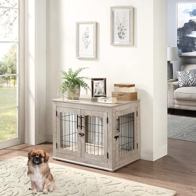 beeNbkks Furniture Style Dog Crate End Table, Double Doors Wooden Wire Dog Kennel with Pet Bed, Decorative Pet Crate Dog House Indoor Medium Large