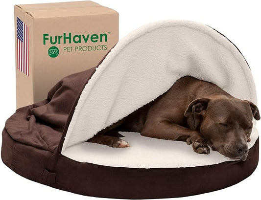 Furhaven 35" Round Cooling Gel Dog Bed for Large/Medium Dogs w/ Removable Washable Cover, For Dogs Up to 50 lbs - Sherpa & Suede Snuggery - Espresso, 35-inch