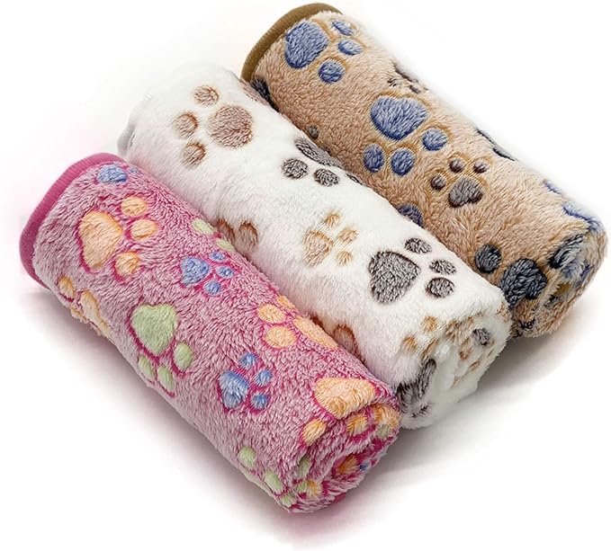 1 Pack 3 Puppy Dog Blankets Super Soft Warm Sleep Mat Fluffy Premium Fleece Pet Blanket Flannel Throw for Dog Puppy Cat - Paw Print Beige/Pink/Brown Medium (29"x20")