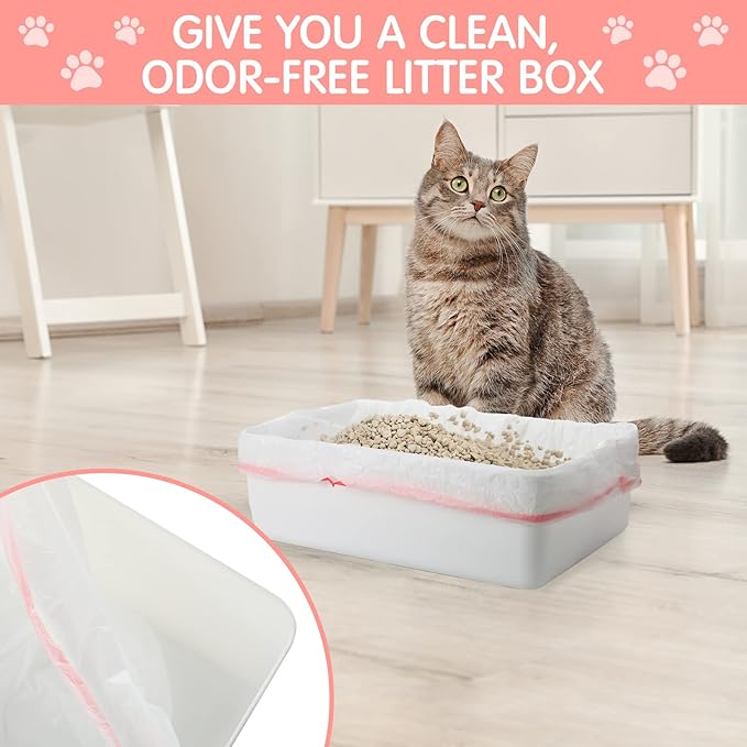 Thenshop 60 Count Litter Box Liners 36'' x 18'' Jumbo Cat Pan bags Drawstring Cat Supplies Extra Large Disposable Cat Litter Bags Cat Box Liners for Trash Waste Litter Box Tidy (Pink)