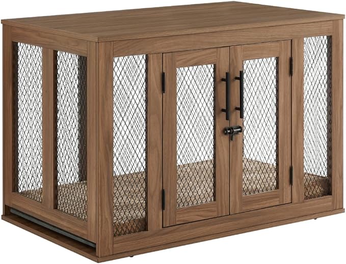 unipaws Furniture Dog Crate with Tray for Medium Dogs, Indoor Aesthetic Puppy Kennel Pet House Dog Cage with Door, Modern Decorative Wood Pretty Cute Fancy End Side Table Nightstand, Walmut