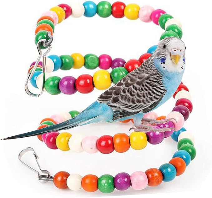 Bird Wood Beads Perch Parrot Revolving Suspension Bridge Toys Comfy Perch Bird Chew Toy for Parakeets Cockatiels, Conures, Budgerigar, Macaw, Lovebirds, Finches (39 inch)