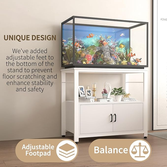 Fish Tank Stand Metal Aquarium Stand with Cabinet Accessories Storage 40-50 Gallon, Double Layer Metal with Storage Weight Capacity 760lbs, White