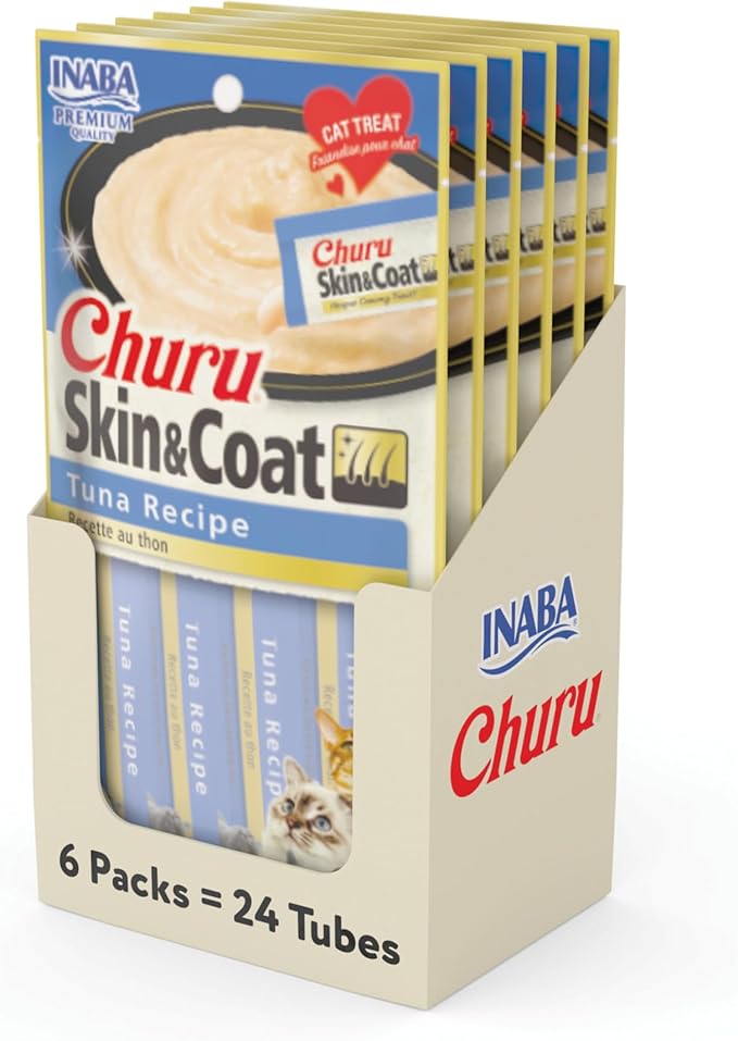 INABA Churu Lickable Purée Natural Cat Treats for Skin and Coat with Omega Oils, Taurine and Vitamin E, 0.5 Ounces Each, 24 Tubes (Four Per Package), Tuna Recipe