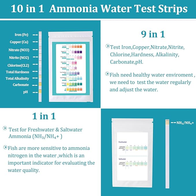 10 in 1 Ammonia Water Test Kit for Aquarium,150 Strips Freshwater Saltwater Fish Tank Test Strips for Testing Ammonia,pH,Hardness,Nitrite,Nitrate,and More