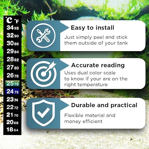 SunGrow Betta Fish Tank Thermometer Stick On, Aquarium Temperature Sticker Strip, 5.2 x 0.7 Inches, Green & Blue Temperature Indicator, Amphibian and Reptile Thermometer Sticker, Black, 3 Pcs