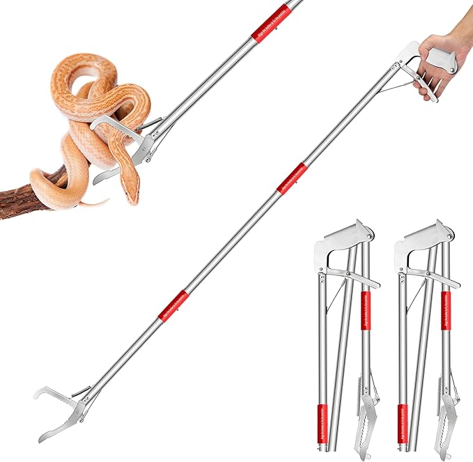 50" Snake Grabber Tool,Collapsible 3 Sections Snake Stick Stainless Stee Portable with Locking- 2 pick