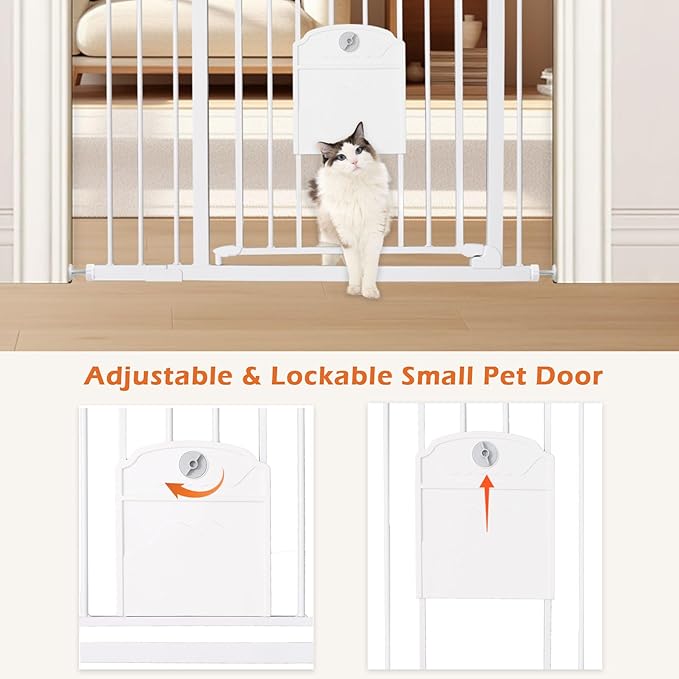 Extra Tall Baby Gate with Cat Door, 36.5-40.5" Wide Child Gate with Adjustment Pet Door, Pressure Borehole Double Mounting, Suitable for Stairs, Doorway, House, Kitchen (39" Tall, White)