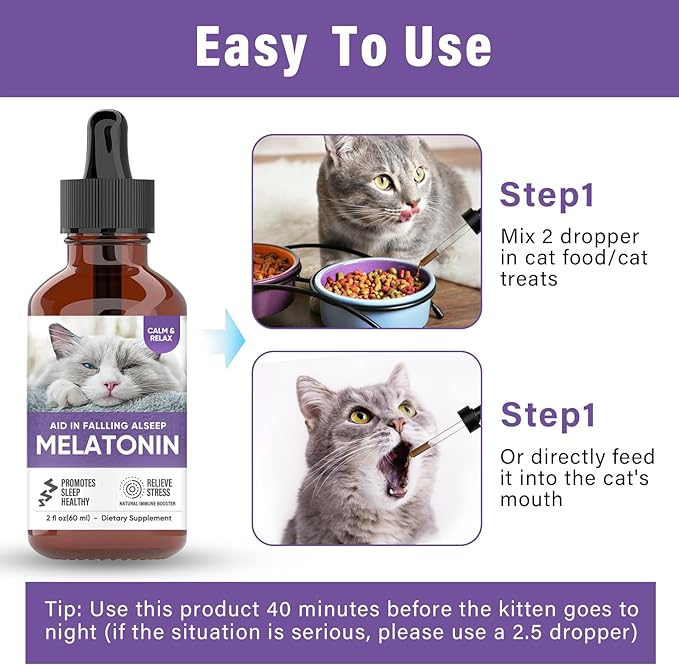 Melatonin for Cats, 2 Fl oz Cat Calming, Supports Restful Sleep for Your Cat, Anxiety Relief & Promote Relaxation