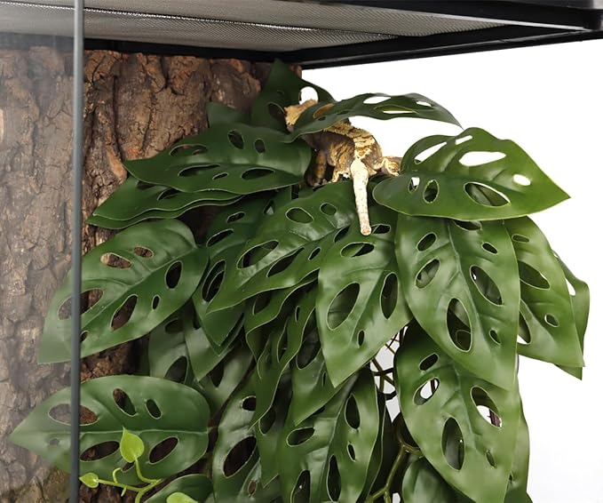 Reptile Plants for Terrarium, Amphibian Habitat Decor Artificial Hanging Plants with Suction Cup - Fake Swiss Cheese Plants Monstera Adansonii