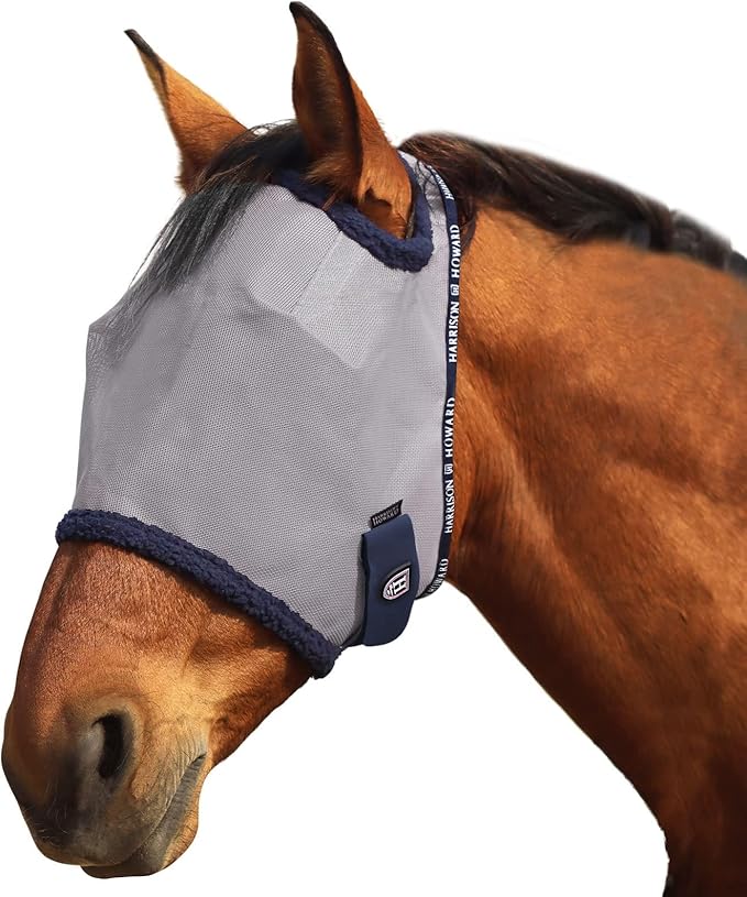 Harrison Howard All Round Mesh Horse Fly Mask UV Protective with Fleece Padded Edging Grey L