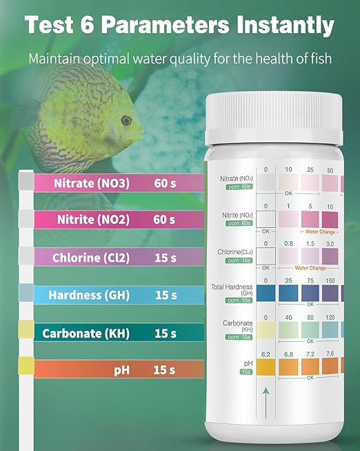 Pawfly 6 in 1 Aquarium Test Strips, 100 Strips Fish Tank Testing Strips for pH Chlorine Nitrate Nitrite Carbonate and Hardness Water Quality Freshwater Saltwater Test Kits