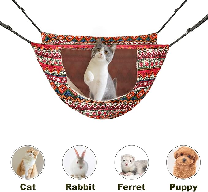 Cat Cage Hammock,Hanging Soft Pet Bed for Kitten Ferret Puppy Rabbit or Small Pet,Double Layer Hanging Bed for Pets,2 Level Indoor Bag for Spring/Summer/Winter (Ethnic Style)