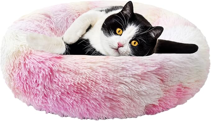 Aurako Cat Bed Dog Bed Round Cushion Pet Bed Mat Ultra Soft Plush Donut Sofa Comfortable Pillow Machine Washable Pet Cuddle Beds for Kitten Small Medium Large Dogs Cats 20" Iridescent