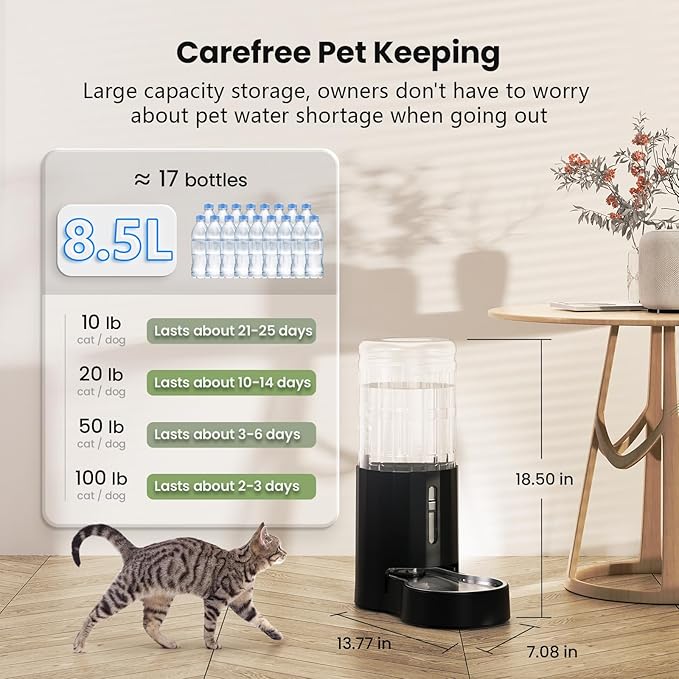 CZPET Automatic 8.5L Dog and Cat Water Dispenser with Stainless Steel Bowl Gravity Waterer,100% BPA-Free,Large Capacity and Drinking Area Noise-Free for Pets