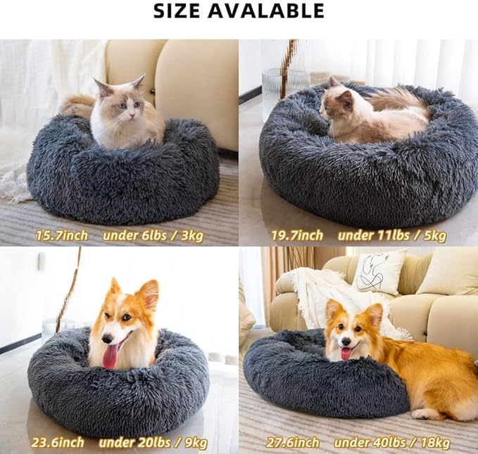 Cat Beds for Indoor Cats - Large Cat Bed Washable 24 inches, Dog Beds for Small Medium Dogs, Anti Anxiety Round Fluffy Plush Faux Fur Cat Bed,Thick Bottom Pet Bed