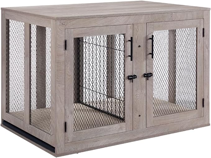 unipaws Extra Large Dog Crate Furniture with Divider for 2 Dogs, Wooden Dog Kennel for XLarge Breed, Indoor Decorative XL Wood Dog Cage, Inside Side End Table Crate with Tray, for Dogs Up to 90 lbs