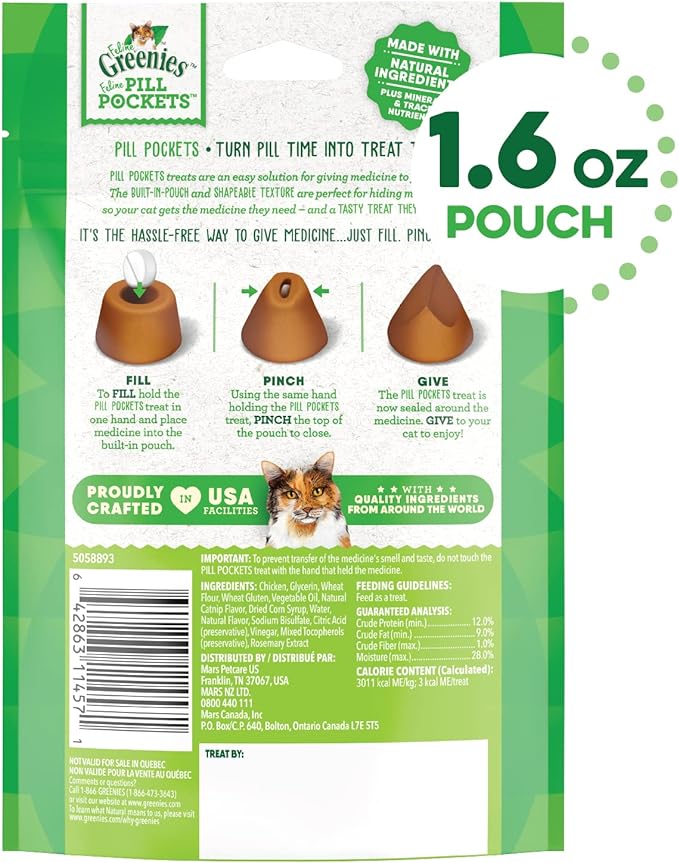 Greenies Feline Pill Pockets for Cats Natural Soft Cat Treats, Catnip Flavor, 1.6 oz. Pack (45 Treats)