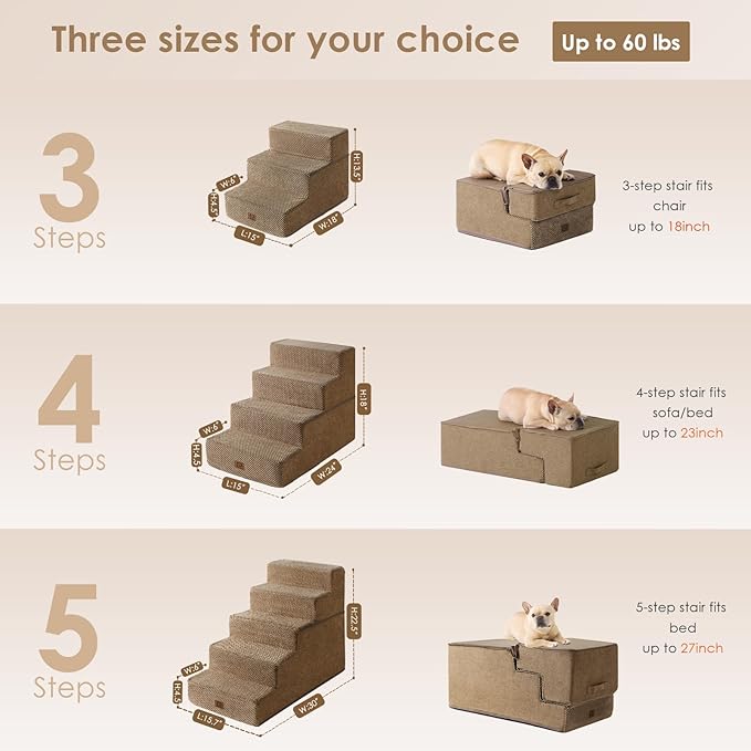 EHEYCIGA Dog Stairs for Small Dogs 13.5" H, 3-Step Dog Steps for Couch Sofa and Chair, Pet Steps for Small Dogs and Cats, Non-Slip Balanced Dog Indoor Ramp, Camel