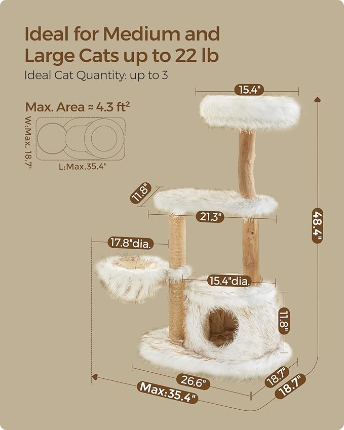 Feandrea Modern Cat Tree, Wood Cat Tower for Large Cats up to 22 lb, 48.4-Inch Luxury Cat Condo with Scratching Post, Perch, Cave, Basket, White UPCT144W01