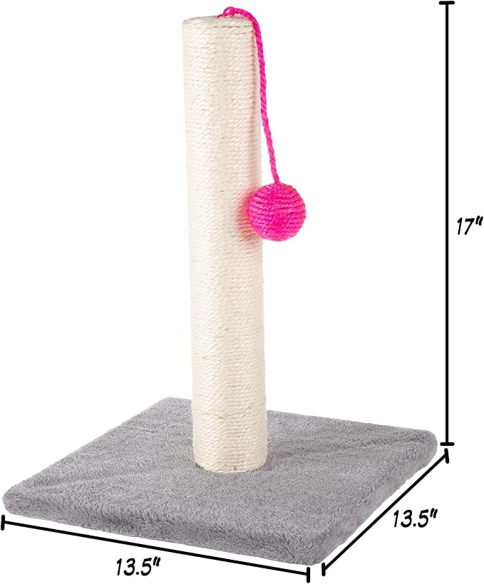 17-Inch Cat Scratching Post - Sisal Rope and Carpet Scratching Pole with Bright Pink Hanging Ball Toy for Adult Cats and Kittens by PETMAKER (Gray)