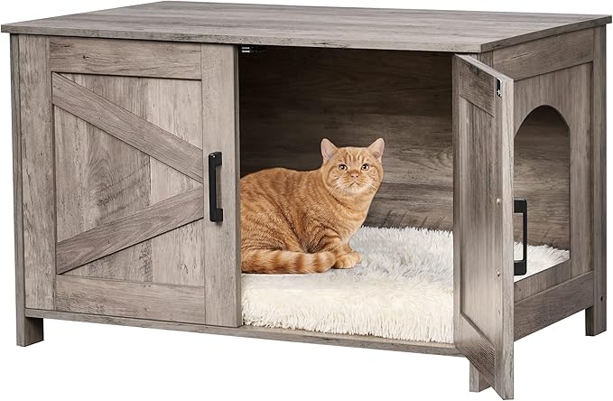 Cat Litter Box Enclosure,Litter Box Furniture Hidden with Barn Door,Wooden Cat Washroom Furniture,Cat House,Fit Most of Litter Box, Greige