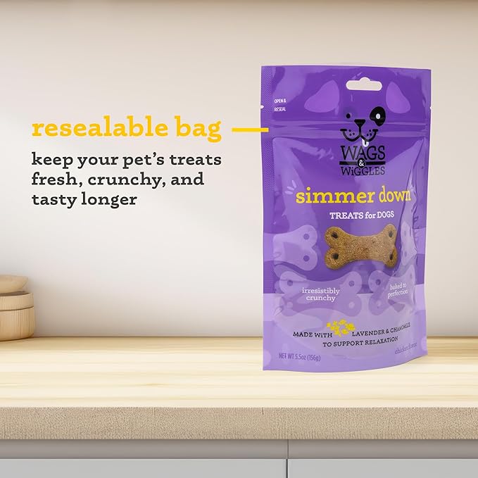 Wags & Wiggles Simmer Down Calming Treats for Dogs, Chicken Flavor, 5.5 oz Resealable Bag | Helps Maintain Relaxation | Functional Treats for Dogs with Lavender and Chamomile