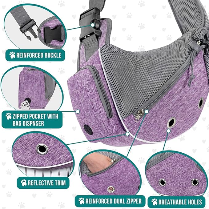 PetAmi Dog Sling Carrier for Small Dogs, Puppy Carrier Sling Purse, Dog Bags For Traveling, Carrying Bag to Wear Medium Cat, Adjustable Crossbody Pet Sling Travel Poop Bag Dispenser, Max 5 lbs, Purple