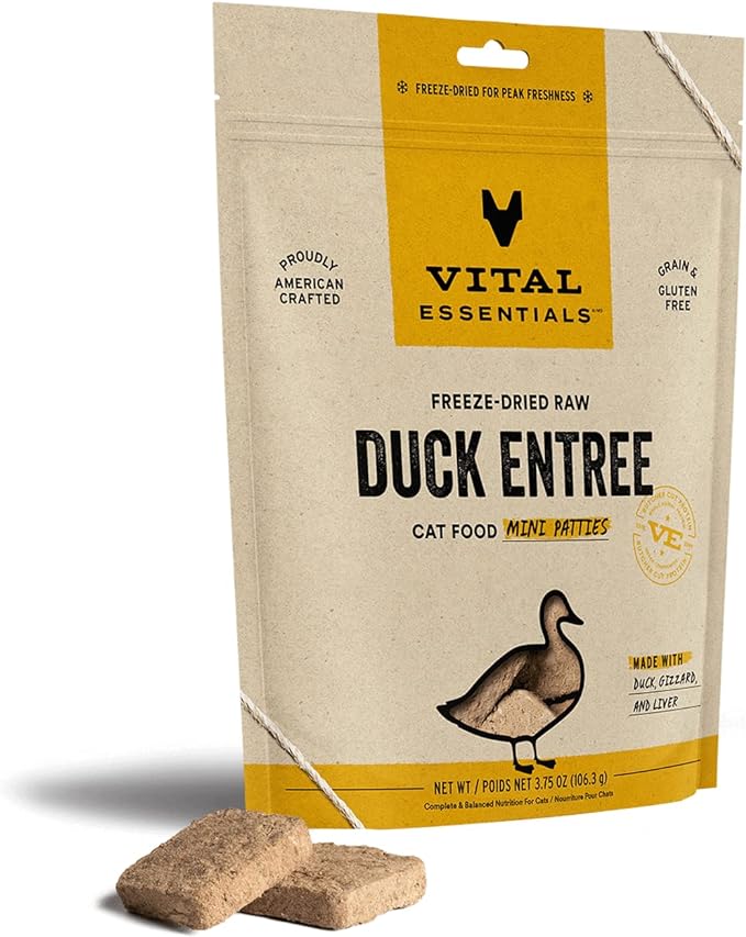 Vital Essentials Freeze Dried Raw Cat Food, Duck Mini Patties Entree, 3.75 oz