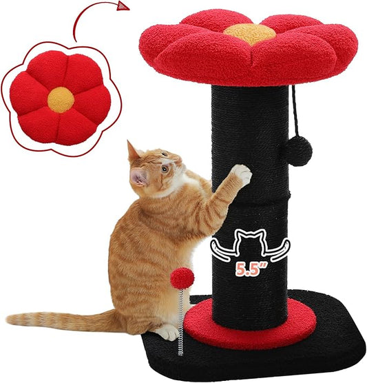 PEQULTI Flower Cat Scratching Post, Gothic Cat Tree, Tall Cat Scratcher for Indoor Cats with Super Thick Scratching Post [Dia=5.5''], Removable Flower Cat Bed, Cat Scratch Post with Spring Ball, Black